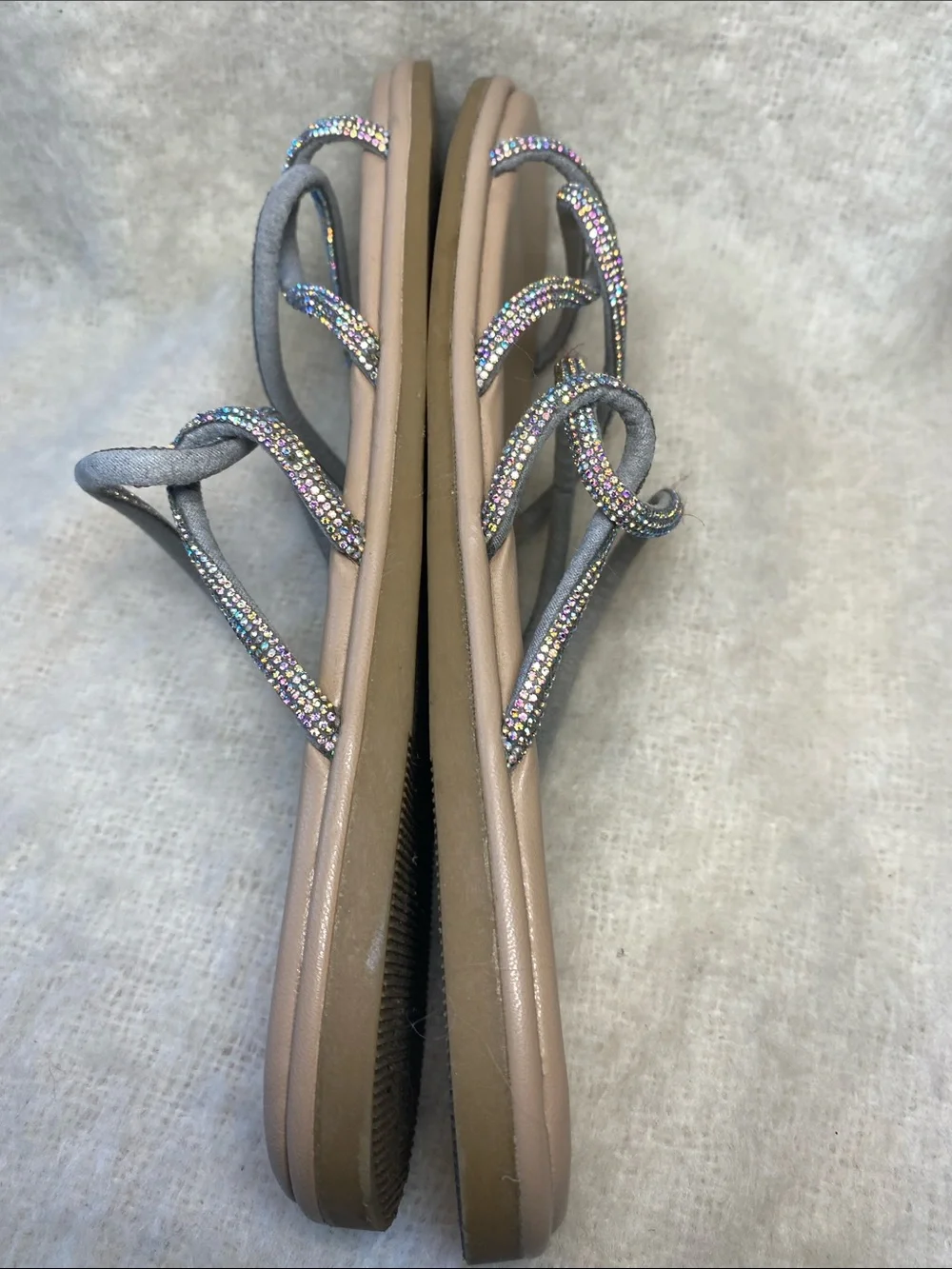 Steve Madden Tan Slide Sandals with Iridescent Beaded Straps